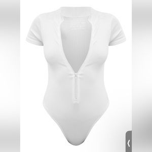 White Structured Snatched Ribbed Zip Front Short Sleeve Bodysuit - PLT